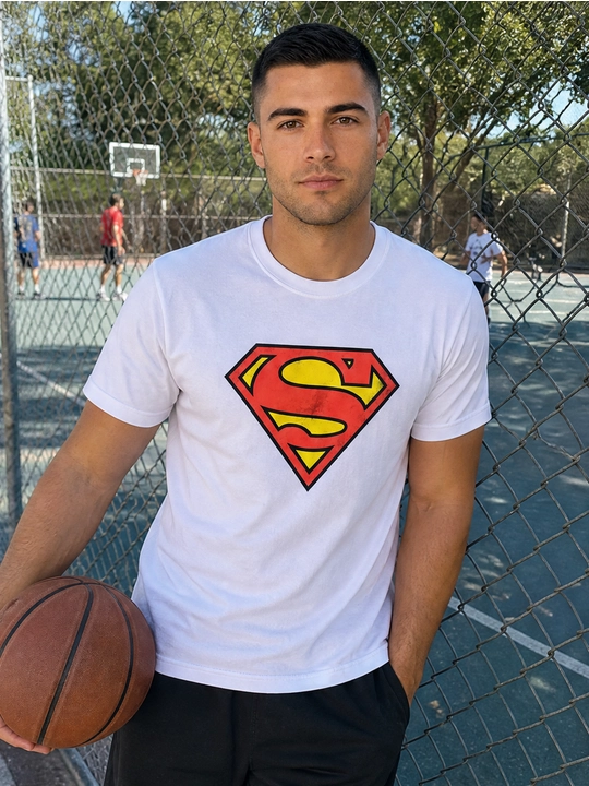 Erkaklar uchun Supermen emblemasi printli paxta oversayz futbolka, qisqa yengli