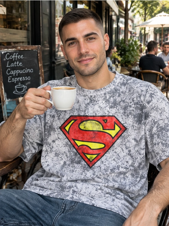 Erkaklar uchun Supermen emblemasi printli paxta oversayz futbolka, qisqa yengli