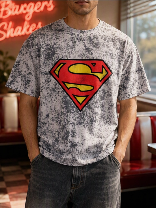 Erkaklar uchun Supermen emblemasi printli paxta oversayz futbolka, qisqa yengli