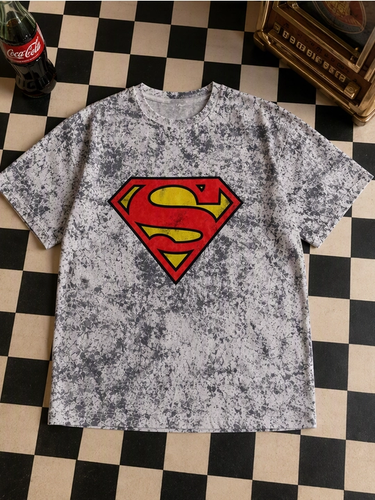 Erkaklar uchun Supermen emblemasi printli paxta oversayz futbolka, qisqa yengli