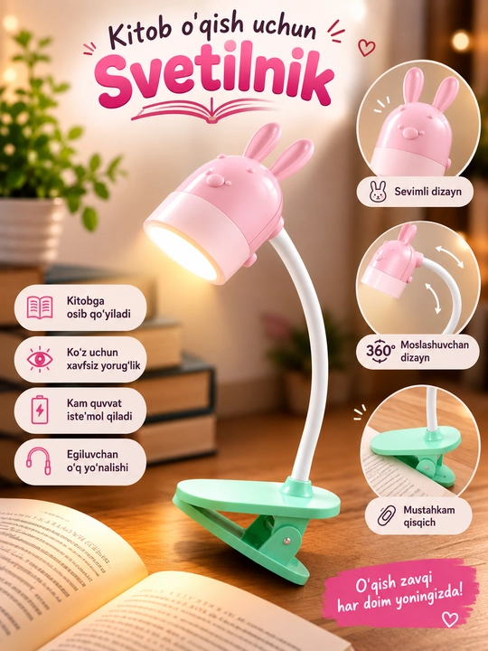 Kitob o‘qish uchun mini svetilnik klipsali, tungi chiroq, lampa, yoritgich va simsiz chiroq - 