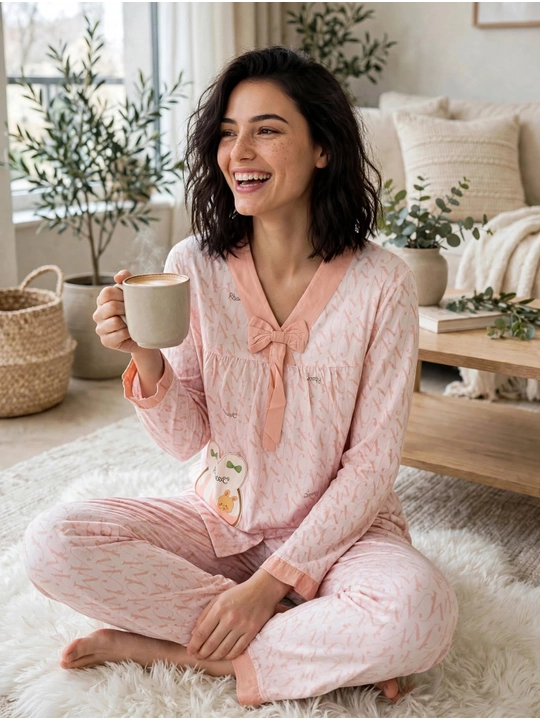 Ayollar uchun quyonchali pijama to'plami | Uy uchun pijama | Bantikli paxta pijama