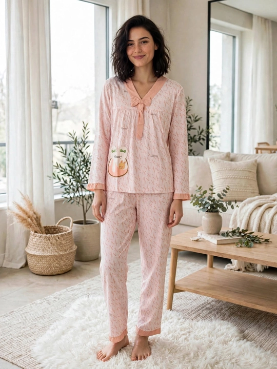 Ayollar uchun quyonchali pijama to'plami | Uy uchun pijama | Bantikli paxta pijama