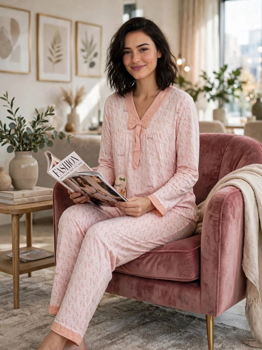 Ayollar uchun quyonchali pijama to'plami | Uy uchun pijama | Bantikli paxta pijama