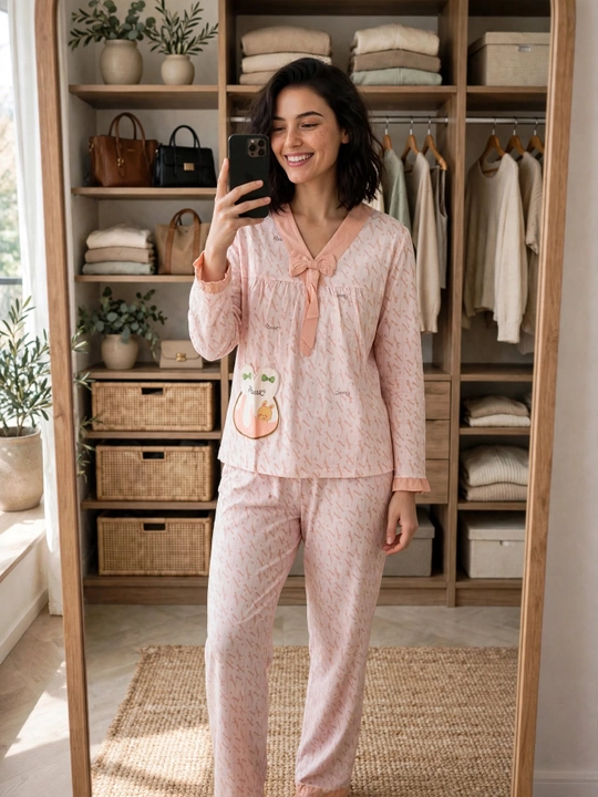 Ayollar uchun quyonchali pijama to'plami | Uy uchun pijama | Bantikli paxta pijama