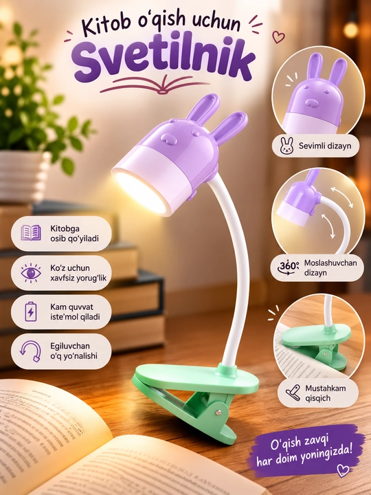 Kitob o‘qish uchun mini svetilnik klipsali, tungi chiroq, lampa, yoritgich va simsiz chiroq - 