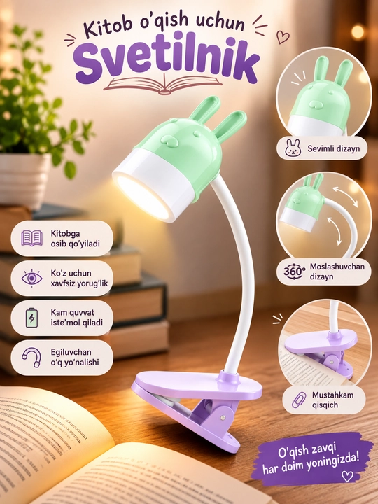 Kitob o‘qish uchun mini svetilnik klipsali, tungi chiroq, lampa, yoritgich va simsiz chiroq - 