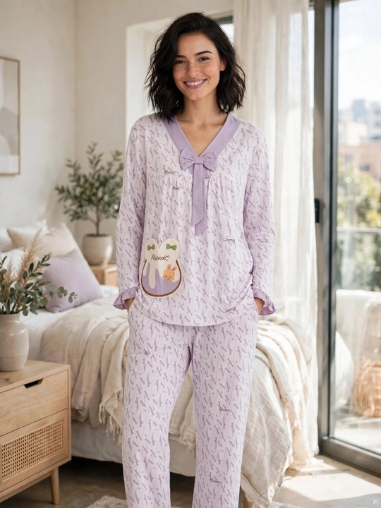 Ayollar uchun quyonchali pijama to'plami | Uy uchun pijama | Bantikli paxta pijama