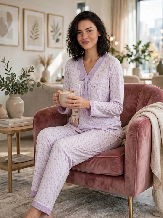 Ayollar uchun quyonchali pijama to'plami | Uy uchun pijama | Bantikli paxta pijama