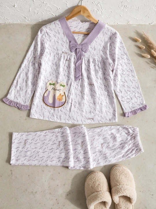 Ayollar uchun quyonchali pijama to'plami | Uy uchun pijama | Bantikli paxta pijama