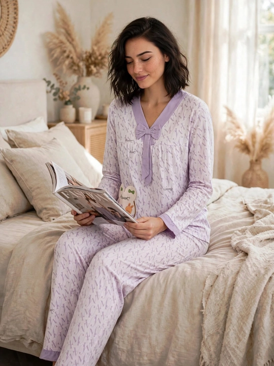 Ayollar uchun quyonchali pijama to'plami | Uy uchun pijama | Bantikli paxta pijama