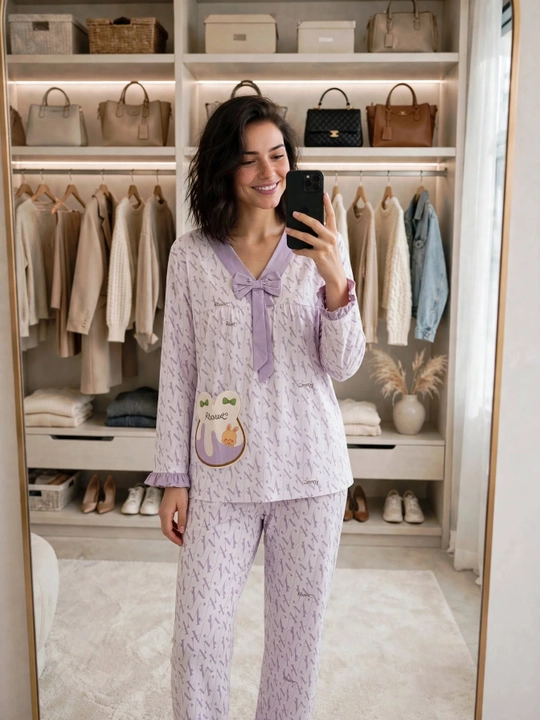 Ayollar uchun quyonchali pijama to'plami | Uy uchun pijama | Bantikli paxta pijama