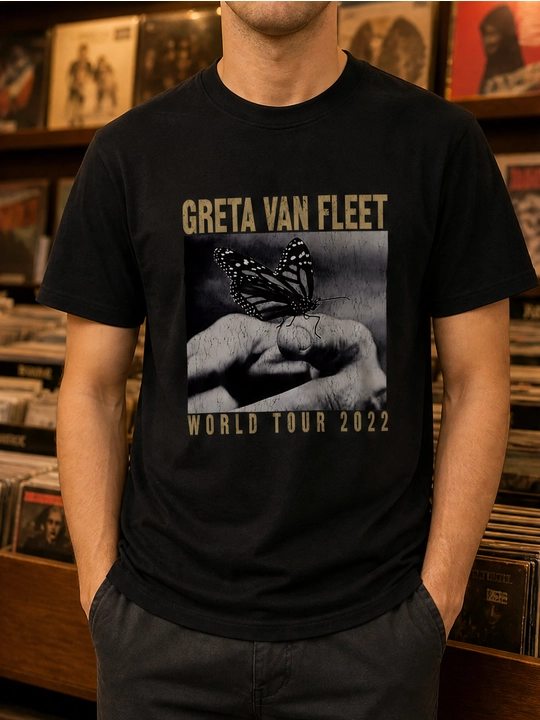 Erkaklar uchun Greta Van Fleet printli paxta oversayz futbolka, qisqa yengli