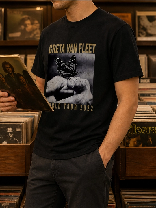 Erkaklar uchun Greta Van Fleet printli paxta oversayz futbolka, qisqa yengli