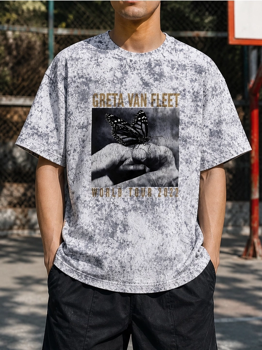Erkaklar uchun Greta Van Fleet printli paxta oversayz futbolka, qisqa yengli