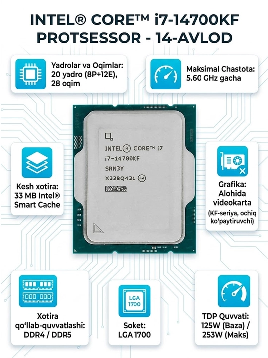 Процессор Intel Core i7-14700KF, LGA 1700, 20 ядер, 28 потоков, до 5.6 ГГц, DDR4/DDR5 - 