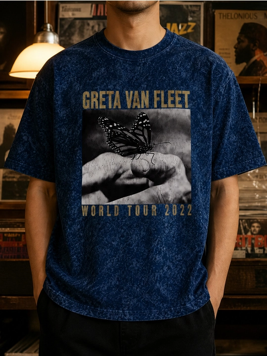 Erkaklar uchun Greta Van Fleet printli paxta oversayz futbolka, qisqa yengli