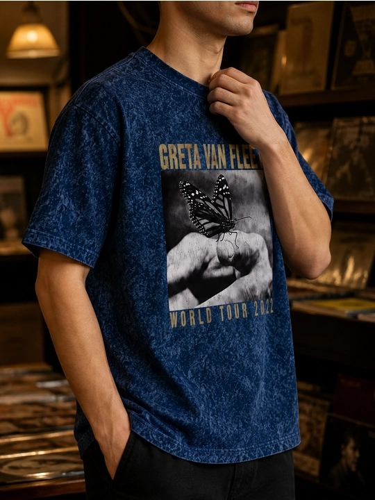 Erkaklar uchun Greta Van Fleet printli paxta oversayz futbolka, qisqa yengli