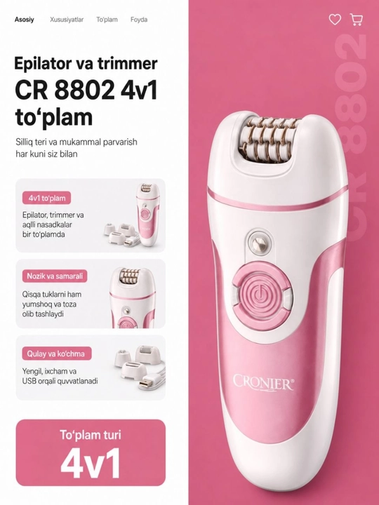 Ayollar uchun epilyator va trimmer Cronier CR-8802 4 tasi 1 da, simsiz to'plam - 