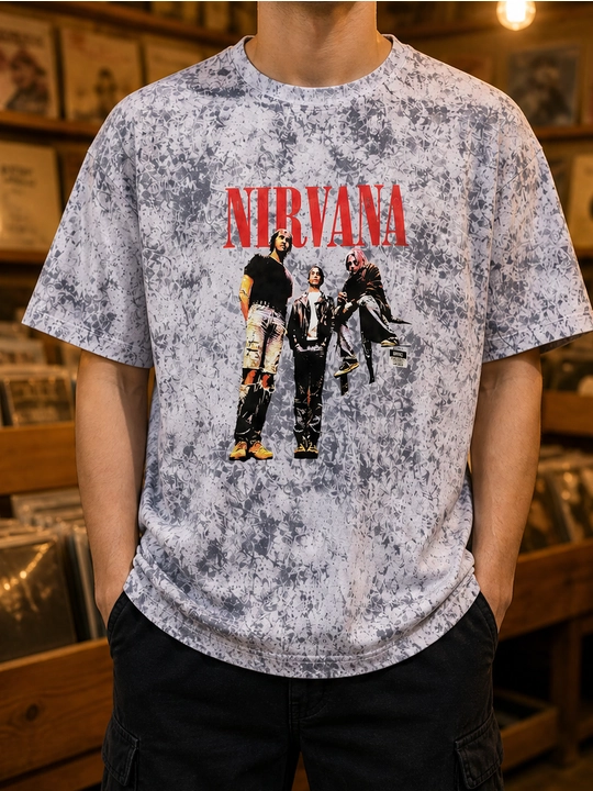 Erkaklar uchun Nirvana guruhi printli paxta oversayz futbolka, qisqa yengli