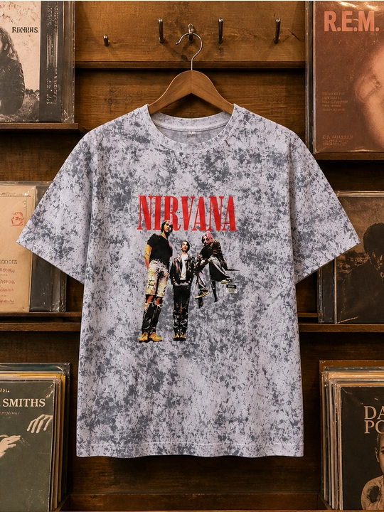 Erkaklar uchun Nirvana guruhi printli paxta oversayz futbolka, qisqa yengli