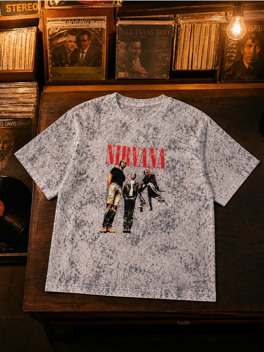 Erkaklar uchun Nirvana guruhi printli paxta oversayz futbolka, qisqa yengli