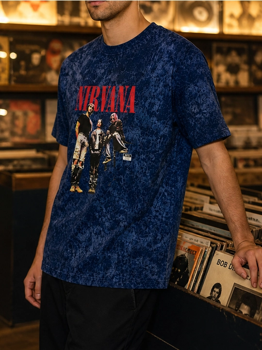 Erkaklar uchun Nirvana guruhi printli paxta oversayz futbolka, qisqa yengli - 
