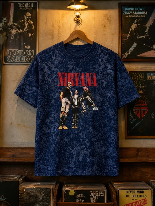Erkaklar uchun Nirvana guruhi printli paxta oversayz futbolka, qisqa yengli