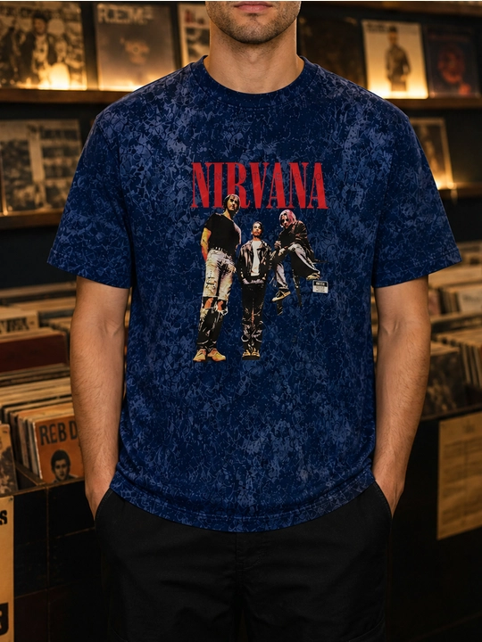Erkaklar uchun Nirvana guruhi printli paxta oversayz futbolka, qisqa yengli