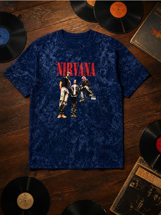Erkaklar uchun Nirvana guruhi printli paxta oversayz futbolka, qisqa yengli