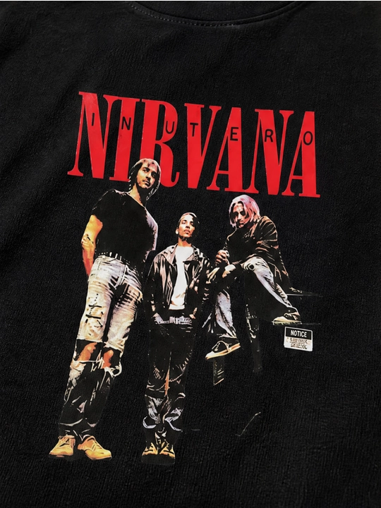 Erkaklar uchun Nirvana guruhi printli paxta oversayz futbolka, qisqa yengli