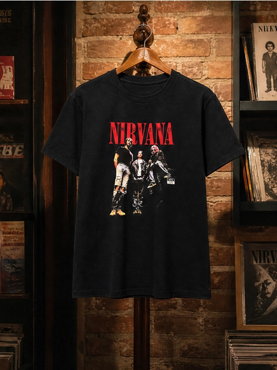 Erkaklar uchun Nirvana guruhi printli paxta oversayz futbolka, qisqa yengli