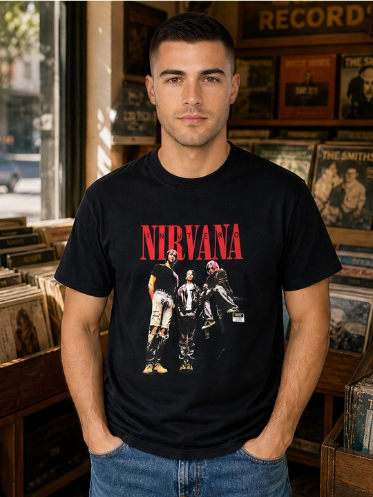 Erkaklar uchun Nirvana guruhi printli paxta oversayz futbolka, qisqa yengli