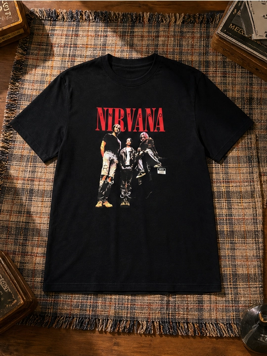 Erkaklar uchun Nirvana guruhi printli paxta oversayz futbolka, qisqa yengli