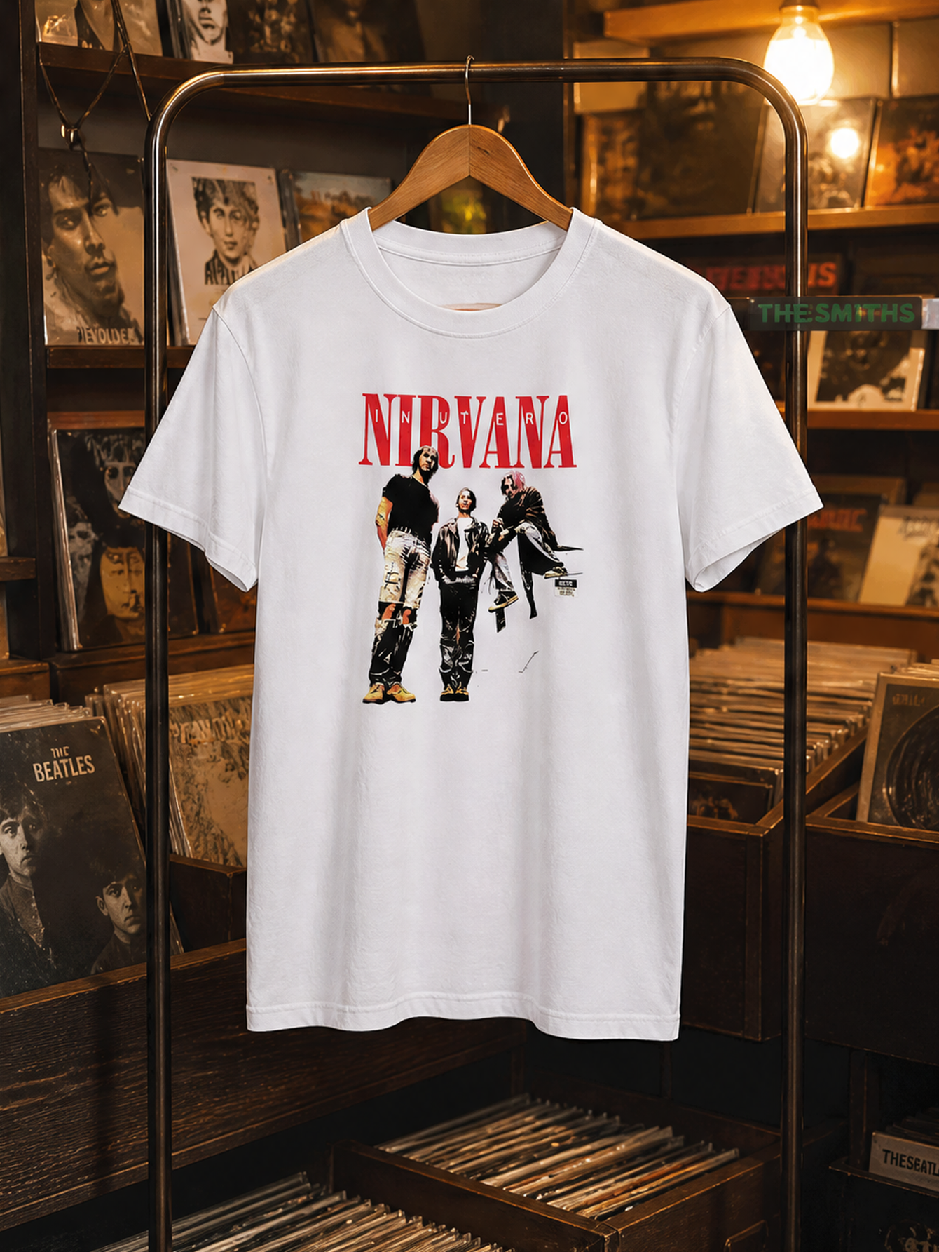 Erkaklar uchun Nirvana guruhi printli paxta oversayz futbolka, qisqa yengli