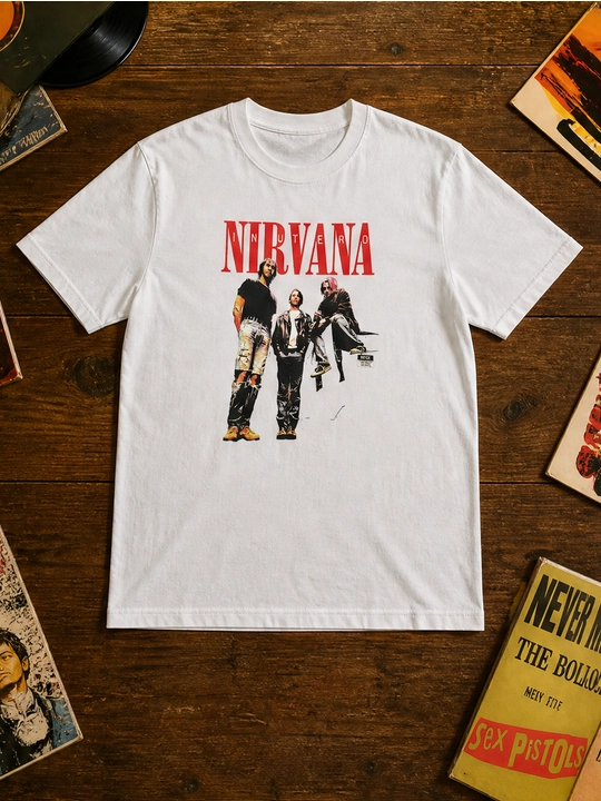 Erkaklar uchun Nirvana guruhi printli paxta oversayz futbolka, qisqa yengli
