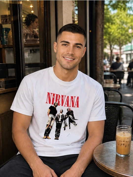 Erkaklar uchun Nirvana guruhi printli paxta oversayz futbolka, qisqa yengli