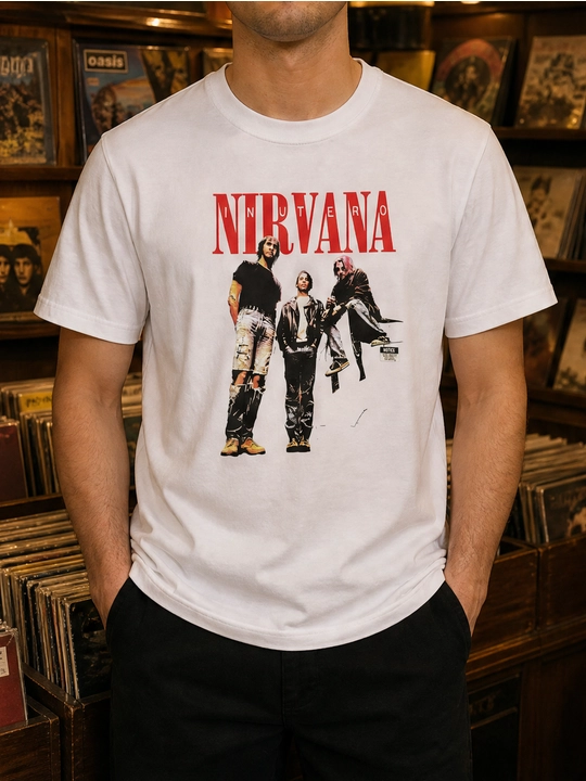 Erkaklar uchun Nirvana guruhi printli paxta oversayz futbolka, qisqa yengli