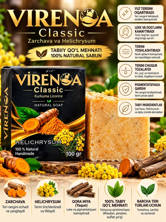 Tabiiy oqartiruvchi yuz sovuni Virenoa Classic kurkuma va meyan ildizi bilan, 100 g Bright - 