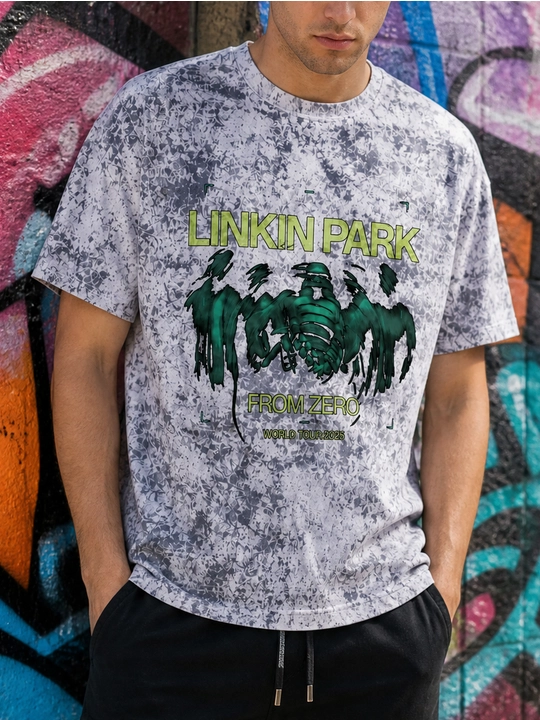 Erkaklar uchun Linkin Park printli paxta oversayz futbolka, qisqa yengli