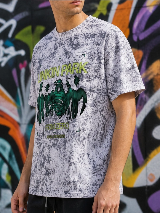 Erkaklar uchun Linkin Park printli paxta oversayz futbolka, qisqa yengli