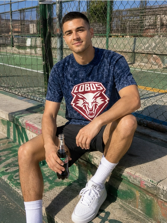 Erkaklar uchun Lobos emblemasi printli paxta oversayz futbolka, qisqa yengli