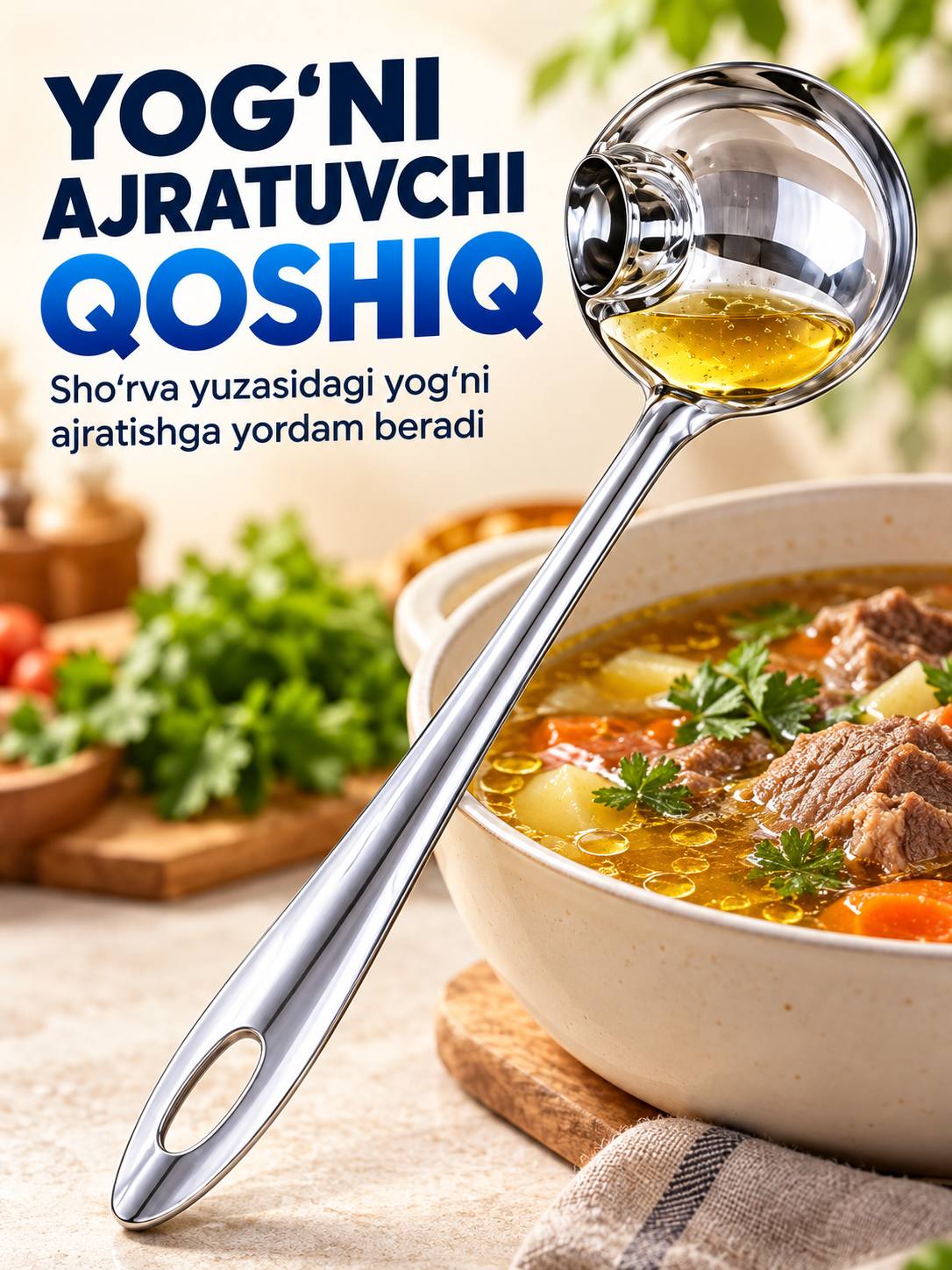 Yog‘ ajratuvchi cho‘mich, Oshxona cho‘michi, Yog‘ni ajratish uchun qoshiq, oshxona anjom - 