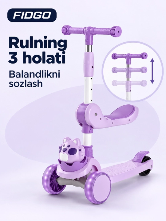 FIDGO uch g‘ildirakli bolalar samokati, buklanadigan, o‘rindiq, musiqa va chiroqlar bilan