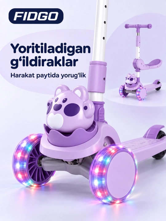 FIDGO uch g‘ildirakli bolalar samokati, buklanadigan, o‘rindiq, musiqa va chiroqlar bilan