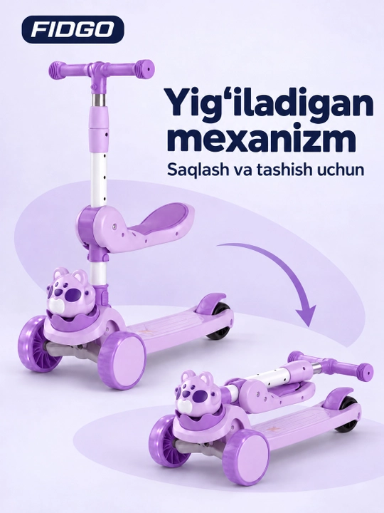 FIDGO uch g‘ildirakli bolalar samokati, buklanadigan, o‘rindiq, musiqa va chiroqlar bilan