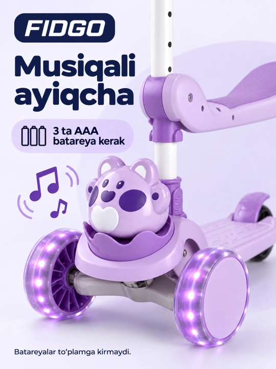 FIDGO uch g‘ildirakli bolalar samokati, buklanadigan, o‘rindiq, musiqa va chiroqlar bilan