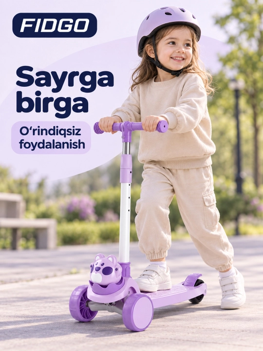 FIDGO uch g‘ildirakli bolalar samokati, buklanadigan, o‘rindiq, musiqa va chiroqlar bilan