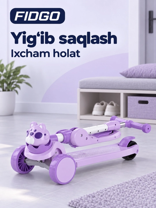 FIDGO uch g‘ildirakli bolalar samokati, buklanadigan, o‘rindiq, musiqa va chiroqlar bilan