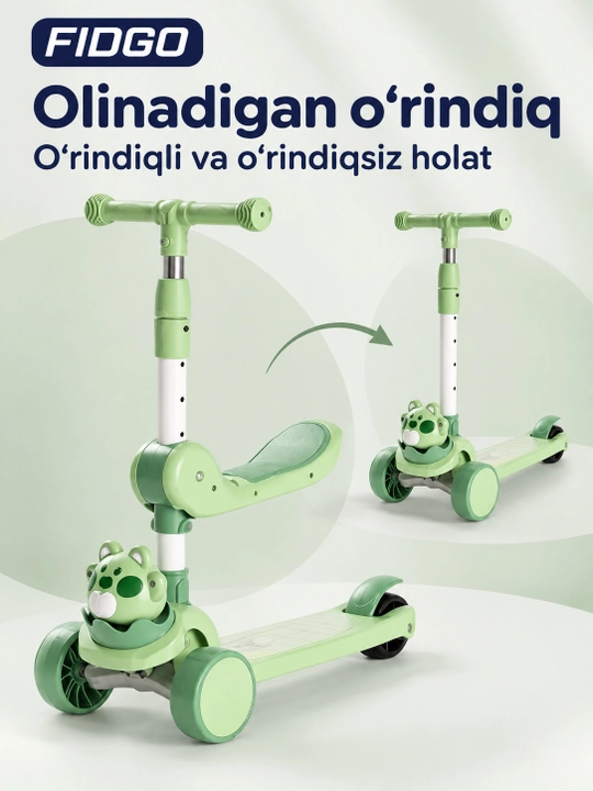 FIDGO uch g‘ildirakli bolalar samokati, buklanadigan, o‘rindiq, musiqa va chiroqlar bilan